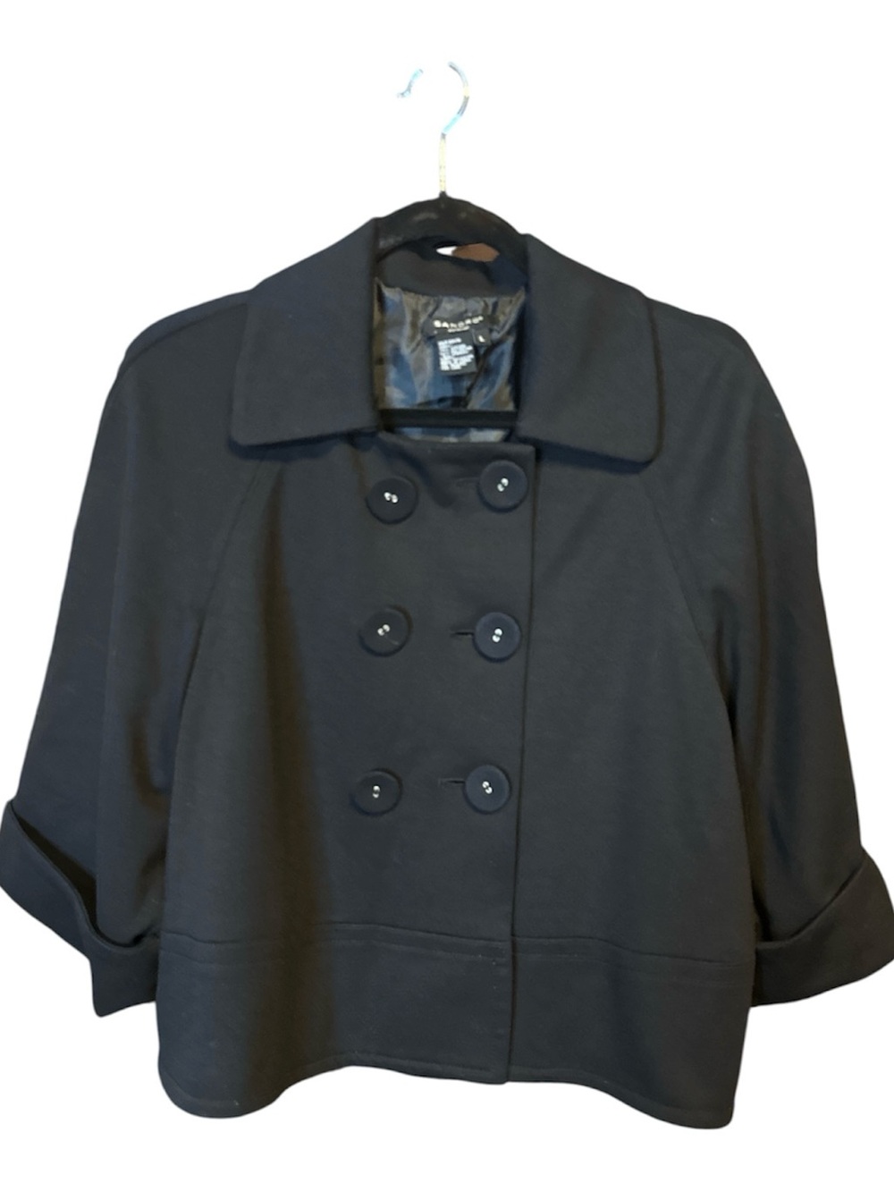 Sandro Sportswear Black Cropped Double-Breasted 3/4 Sleeve Peacoat. Large. 21” P